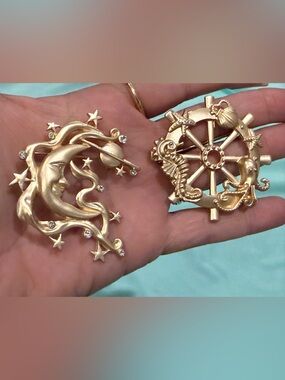 Gold-Tone Celestial Moon & Nautical Wheel Brooch Set